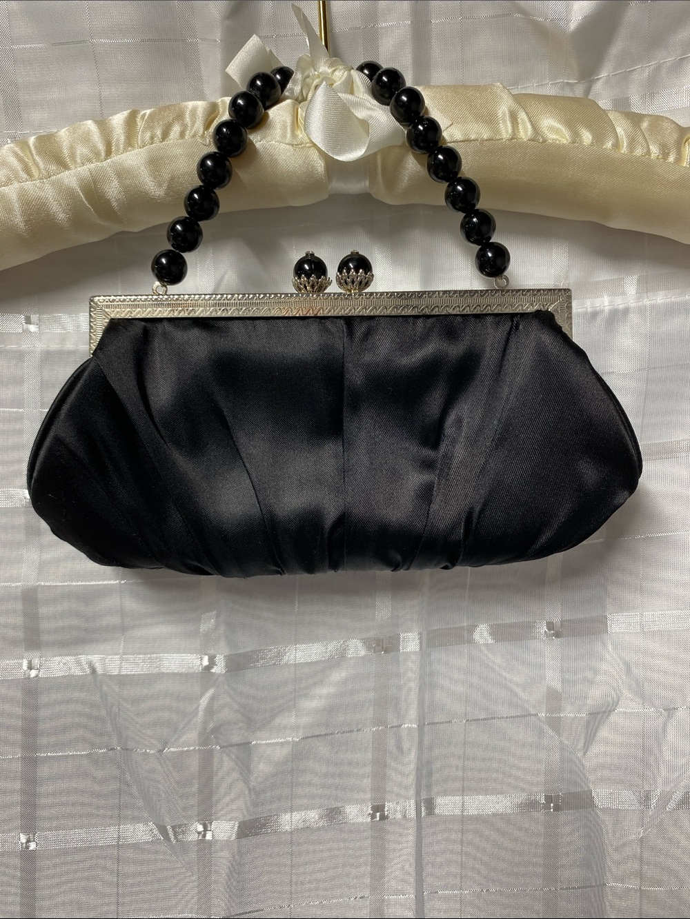 La Regale Black Satin Beaded Handle Evening Clutch